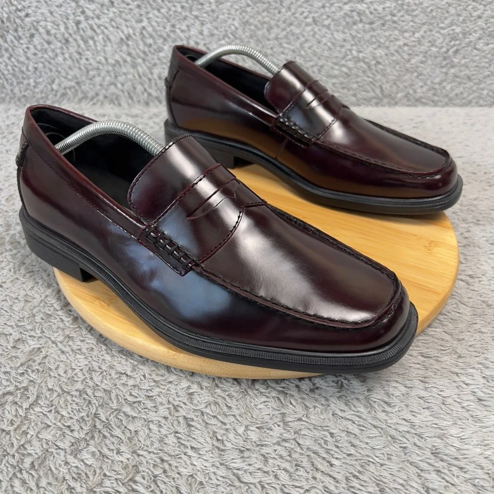 Rockport Mens Burgundy Leather Penny Loafers APM28493 Square Moc Toe 10.5M